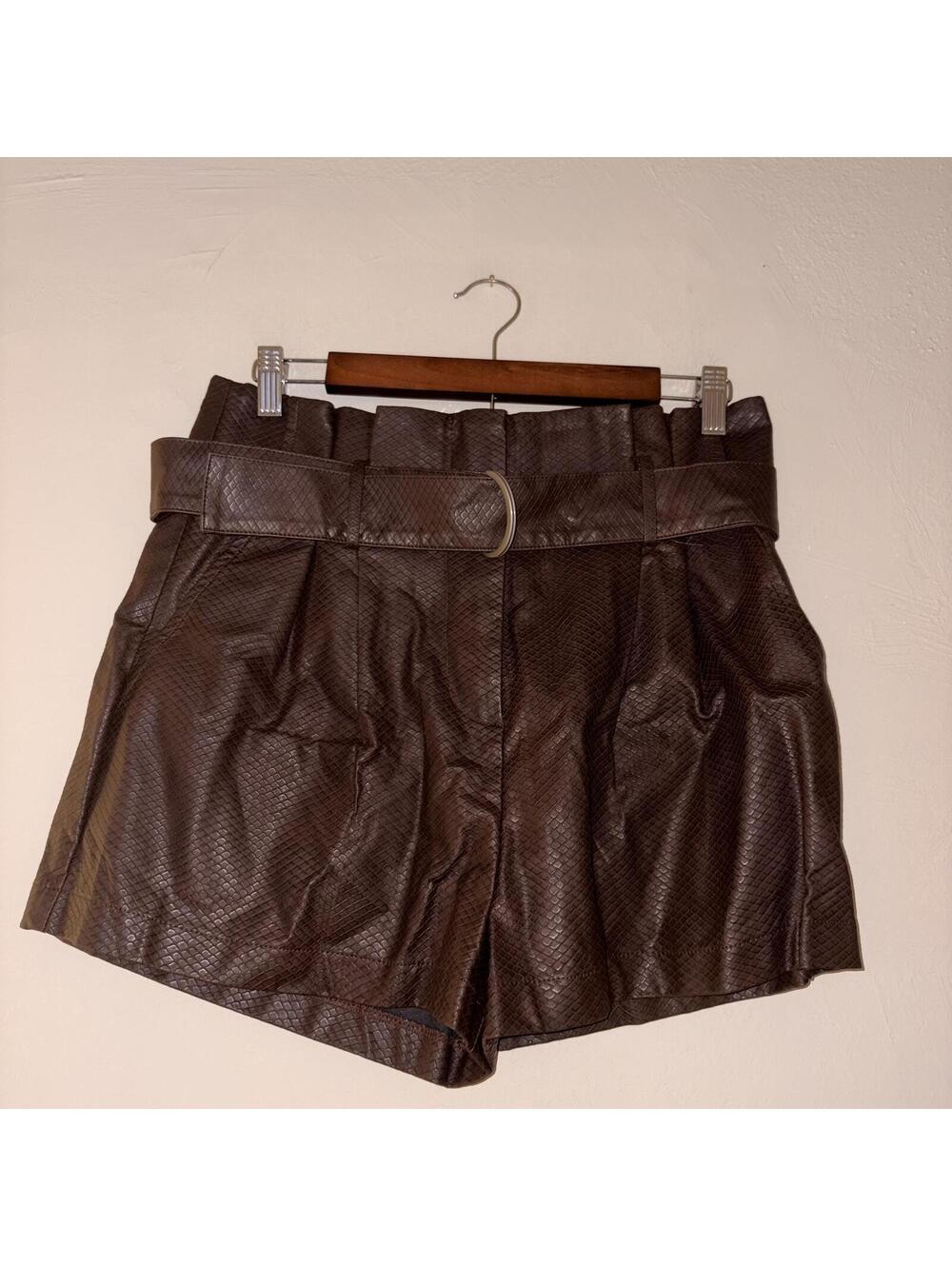 Honey Punch Faux Leather Snakeskin Paper-Bag Waist Shorts - Brown Size Large